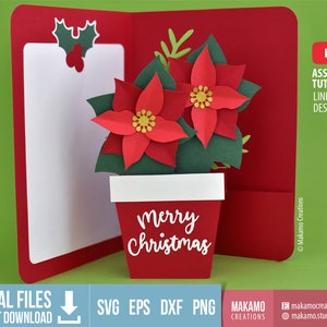 Cartão de Natal SVG, Modelo de Cartão de Caixa de Poinsétia 3D SVG, Cartão Pop-up de Natal DIY, Arquivos de corte digital para Cricut, Decoração de Poinsétia