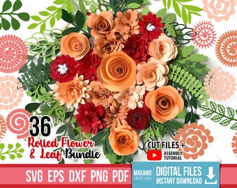 Rolled flower SVG & leaf SVG bundle, Paper Flower svg, Assortment Paper Flower Templates, 3d flower svg files for Cricut, DIY paper flower