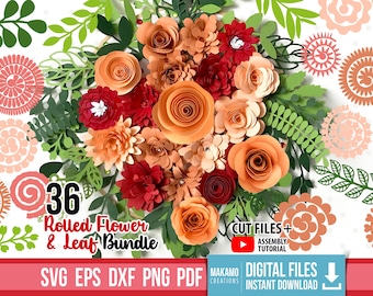 Rolled flower SVG & leaf SVG bundle, Paper Flower svg, Assortment Paper Flower Templates, 3d flower svg files for Cricut, DIY paper flower