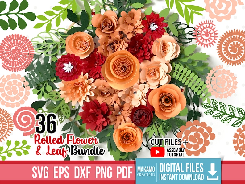 Puede incluir: Un paquete de descarga digital de 36 archivos de corte SVG, EPS, DXF, PNG y PDF para flores y hojas de papel enrollado. La imagen muestra una variedad de flores en tonos rojos, naranjas y rosas, junto con hojas verdes.