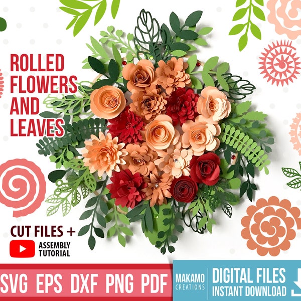 Lot de fleurs roulées SVG & feuille SVG - Svg fleur roulée, modèles de fleurs en papier, fichiers svg fleurs 3D pour Cricut, camée, ScanNcut,
