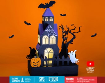 Linterna de casa embrujada SVG, caja de regalo de Halloween (descarga digital)