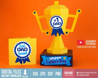 3D Father's Day Trophy gift box SVG, with card and gift card holder. #1 Dad, Best Dad Award, Champion Cup Cricut project, cut file templates