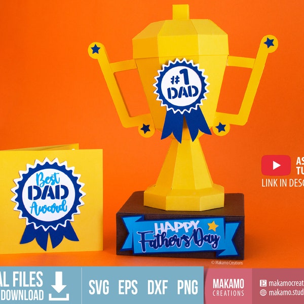 3D Father's Day Trophy gift box SVG, with card and gift card holder. #1 Dad, Best Dad Award, Champion Cup Cricut project, cut file templates