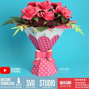 Ramo de flores de papel 3D SVG: Plantilla de jarrón de rosas enrolladas para cumpleaños o Día de la Madre (archivos de corte para máquinas de corte)
