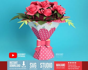 3D Paper Flower Bouquet SVG: Birthday | DIY Mother's Day Rolled Roses Vase Template (Cut Files for Cutting Machines)