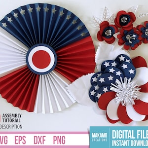 Amerikanische Flagge 4. Juli Dekorationen SVG-Vorlagen. DIY Fan, Papierblume, Wimpelkette Banner Bunting Dekorationen SVG Schnitt Dateien für Cricut