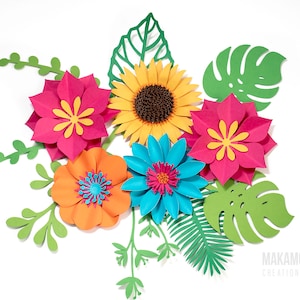 sunflower svg, paper flower and leaf svg bundle, diy flower templates, svg files for cricut, 3d flower, wedding svg, paper flower svg, graduation cap topper flowers