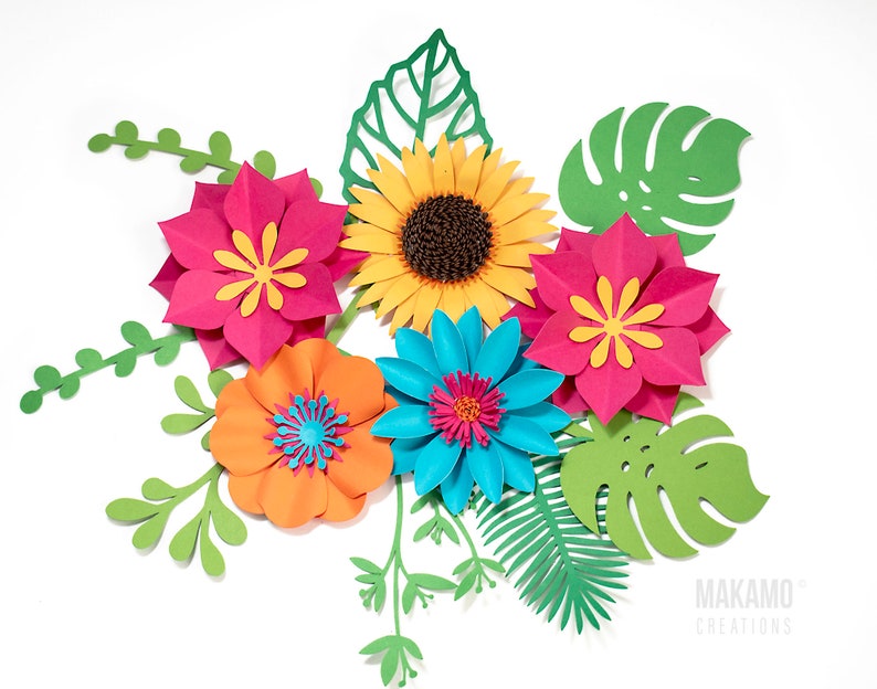 sunflower svg, paper flower and leaf svg bundle, diy flower templates, svg files for cricut, 3d flower, wedding svg, paper flower svg, graduation cap topper flowers