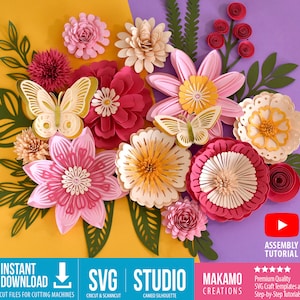 Plantillas únicas y caprichosas de flores de papel 3D SVG: archivos SVG de flores enrolladas, flores en capas, hojas y mariposas para proyectos de máquina de corte