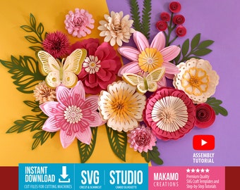 3D Paper Flower SVG Templates: Rolled Flowers, Layered Flowers, Leaves & Butterflies (Digital Download Files for Cutting Machines)