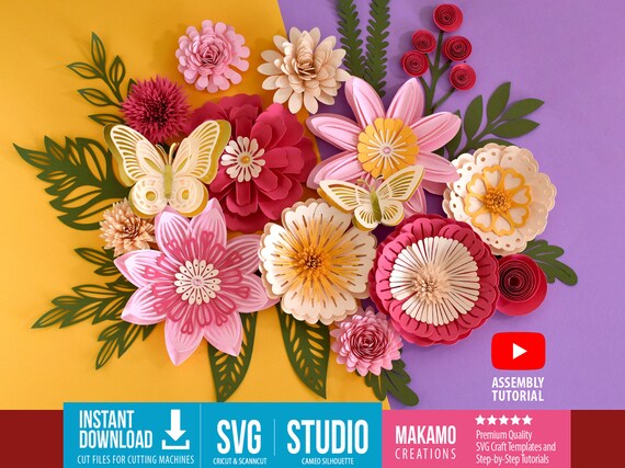 3D Paper Flower SVG Templates: Rolled Flowers, Layered Flowers, Leaves & Butterflies (Digital Download Files for Cutting Machines)