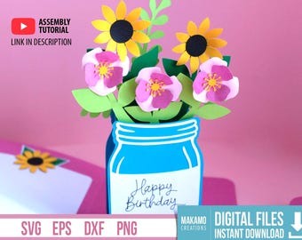 3D Blumenglas Pop Up Karte SVG: Geburtstag, Muttertag (Digital Cut File)