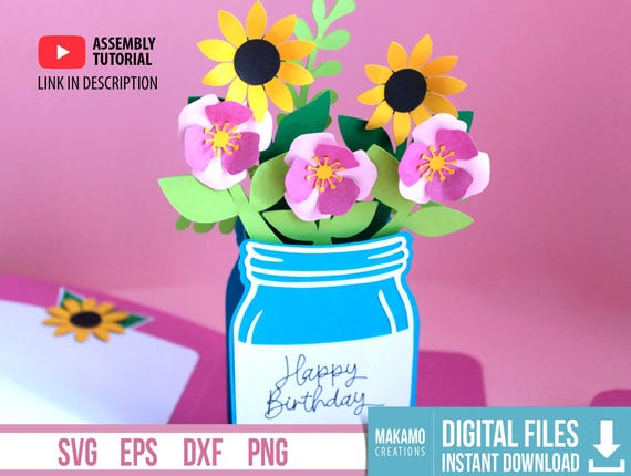 3D Flower Jar Pop Up Card SVG: Birthday, Mother's Day (Digital Cut File)