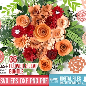 Rolled flower SVG & leaf SVG bundle, Paper Flower svg, Assortment Paper Flower Templates, 3d flower svg files for Cricut, DIY paper flower