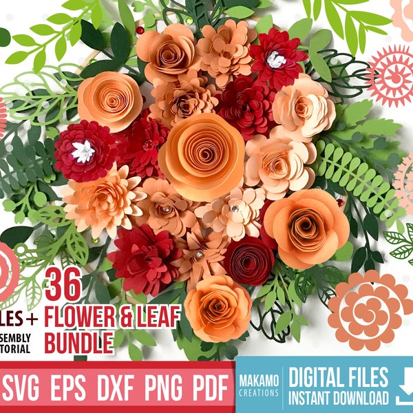 Rolled flower SVG & leaf SVG bundle, Paper Flower svg, Assortment Paper Flower Templates, 3d flower svg files for Cricut, DIY paper flower