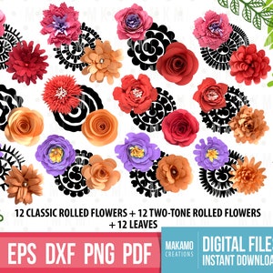 24 rolled flowers and 12 leaves, easy paper flowers, roll flowers, 3d flowers, cricut flowers