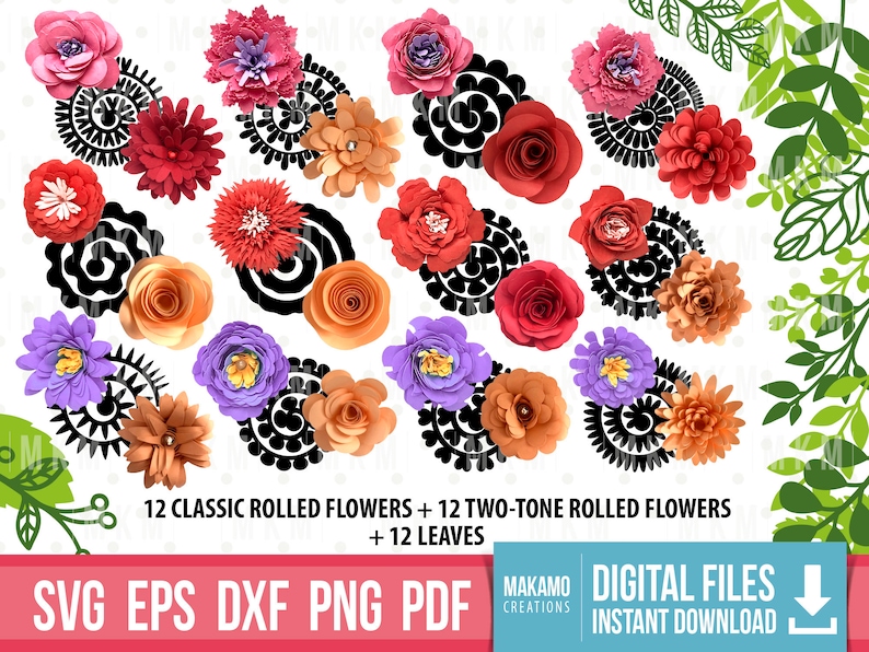 24 rolled flowers and 12 leaves, easy paper flowers, roll flowers, 3d flowers, cricut flowers