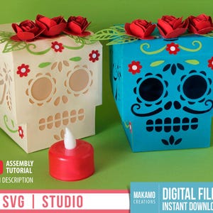 Le jour des morts Sugar Skull Treat Box et modèle de lanterne, SVG et fichiers de coupe Studio, boîte cadeau svg, conception de tête de mort d'Halloween, décoration d'Halloween