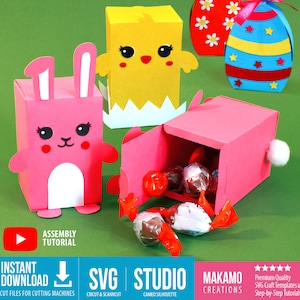 Lot SVG boîte de bonbons de Pâques, porte-bonbons : boîte lapin 3D, boîte à poussins et boîtes à œufs pour chocolats, modèles svg boîte cadeau, projet de bricolage pour enfants