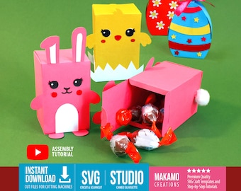 Paquete SVG de cajas de dulces de Pascua: Plantillas de conejito, pollito y huevo (Proyecto DIY)