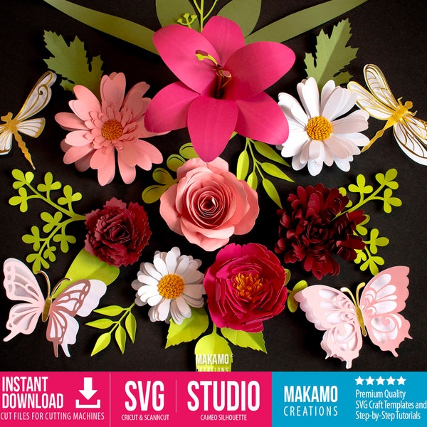 Paquete SVG de flor enrollada realista premium, DIY Easy Paper flor svg, flor 3d svg: rosa enrollada svg, margarita svg y más archivos svg para cricut