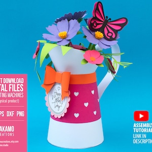3D Blumenstrauß SVG, Krug mit Blumen Geschenkbox SVG Vorlage, Muttertagsvase Blumenstrauß, Papierhandwerk Cricut Projekte zum Muttertag