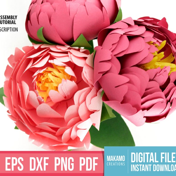 Paper Peony SVG digital cut files, 3D paper flower template, DIY wedding flower bouquet, mother's day gift, svg cricut