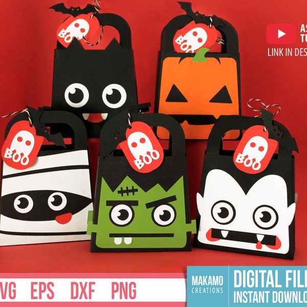 Halloween Treat Bag SVG Templates, DIY Kids Project Digital Cut Files Cricut. Halloween Gift Box: Mummy, Pumpkin, Dracula, Black, Cat Franky