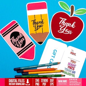 Paquete SVG de porta tarjetas de regalo de agradecimiento para profesores, porta tarjetas de regalo de Apple, porta tarjetas de regalo de crayones, archivos SVG de porta tarjetas de regalo de lápices
