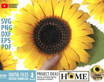 Plantilla SVG de girasol de papel 3D: Proyecto floral DIY de 20 cm (archivos de corte de descarga digital)