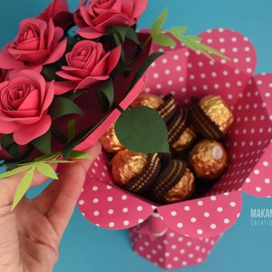 chocolate gift box for mothers day, flower bouquet with rolled roses paper flowers