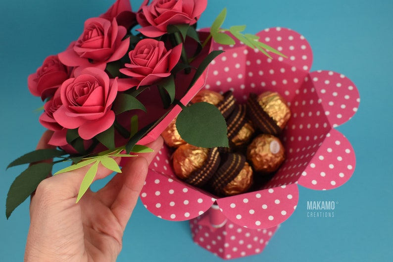 chocolate gift box for mothers day, flower bouquet with rolled roses paper flowers