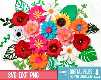 Le lot ultime de petites fleurs en papier SVG, fleurs et feuilles en papier 3D, fleurs en papier superposées, modèles de fleurs Cricut, marguerite, svg tournesol
