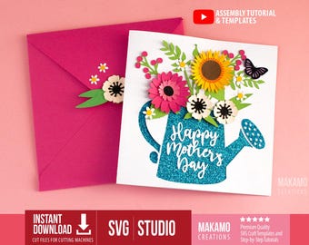 Tarjeta floral 3D SVG: Tarjeta DIY para el Día de la Madre o Cumpleaños / Regadera y flores silvestres (Archivos de corte digitales para Cricut, Cameo y ScanNCut)