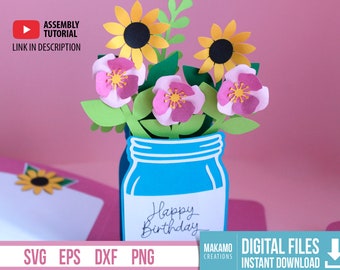 Happy Birthday Card SVG, Teacher Card SVG, 3D Flowers in Jar Pop Up Card, Flower Bouquet Box Card Template, Digital Cut Files for Cricut