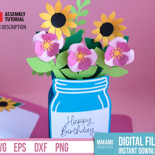 3D Mother's Day Card SVG, Happy Birthday Card SVG, Flowers in Jar Pop Up Card, Flower Bouquet Box Card Template, Digital Cut File for Cricut