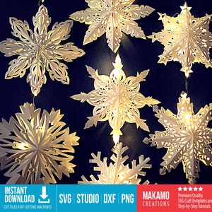 Luminaires 3D flocon de neige, fichiers coupés SVG flocon de neige en papier, décoration hivernale de lanterne en papier bricolage, décorations de Noël SVG, Cricut, camée, Scanncut