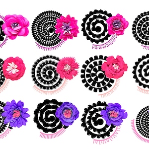 Puede incluir: Doce dise&ntilde;os circulares en blanco y negro con flores rosas, moradas y blancas. Los dise&ntilde;os son intrincados y presentan un patr&oacute;n en espiral.