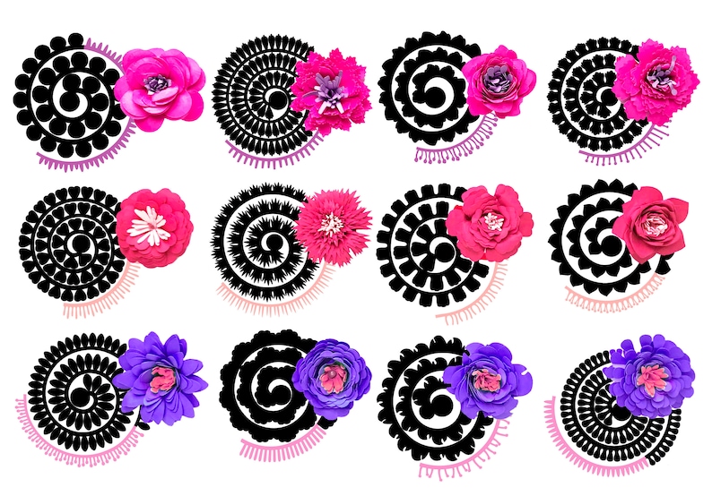 Puede incluir: Doce dise&ntilde;os circulares en blanco y negro con flores rosas, moradas y blancas. Los dise&ntilde;os son intrincados y presentan un patr&oacute;n en espiral.