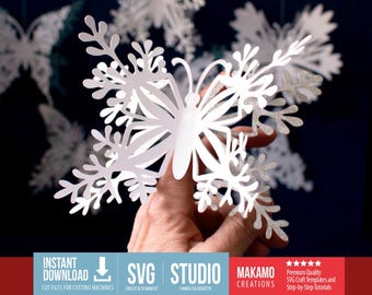 Paquete SVG de mariposas de copos de nieve: Plantillas de papel para decoración invernal (descarga digital de archivos de corte para máquinas de corte)