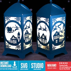 Lanterne de Noël en papier 3D SVG, lanterne de Noël en papier cartonné, modèle de luminaire de Noël père Noël SVG pour projets Cricut, décoration de Noël bricolage