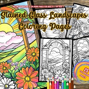 25 Stained Glass Landscapes, Coloring Book For Adults And Kids, Coloring Pages, Instant Download, Coloring Book, Printable PDF, Downloadable