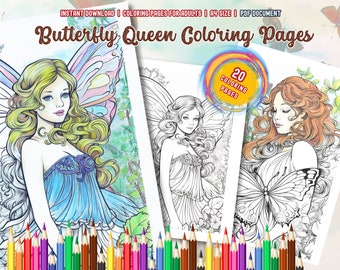 20 Butterfly Queen, Coloring Pages, Grayscale Coloring Book, Printable PDF, Fantasy Characters, Instant Download, Downloadable PDF