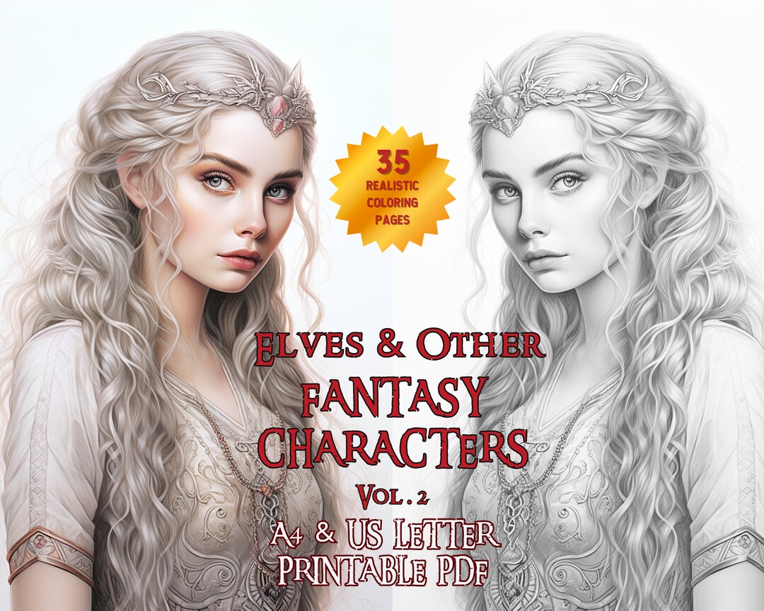 35 Elves and Other Fantasy Characters, Coloring Pages, Grayscale ...