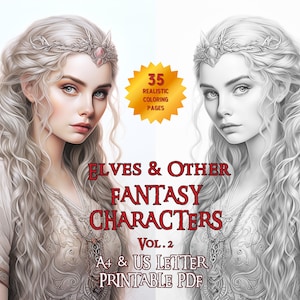 Könnte beinhalten: Eine Schwarzweißillustration einer Frau mit langen, wallenden Haaren, die eine Krone trägt. Das Bild ist Teil eines Malbuches mit dem Titel "Elves & Other Fantasy Characters Vol. 2" mit 35 druckbaren Seiten.
