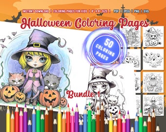 Może przedstawiać: Zestaw 50 stron do kolorowania z motywem Halloween z uroczymi czarownicami, kotami, dyniami i innymi straszydłami. Strony mają rozmiar 20,3 cm x 20,3 cm i są dostępne do natychmiastowego pobrania w formatach PDF, JPEG, PNG i SVG.