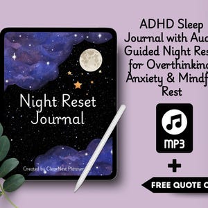 Op de afbeelding: Een digitaal ADHD-slaapdagboek met een nachthemelontwerp, maan en sterren. Het dagboek bevat audiogeleide nachtelijke resets voor overdenken, angst en bewuste rust. Inclusief een gratis quotekaart en MP3-audiobestand.