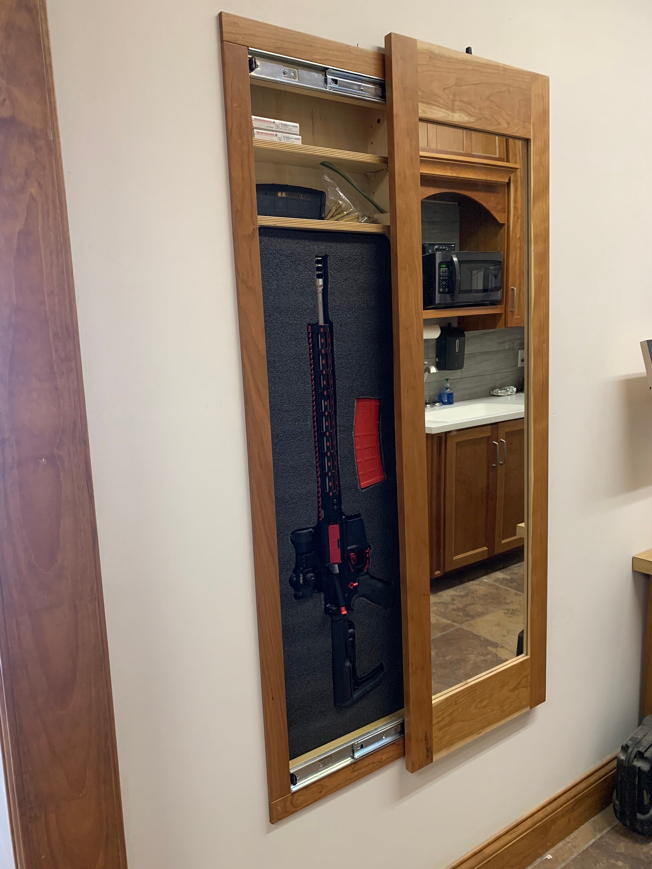 Hidden storage mirror, In-wall gun safe concealment cabinet