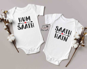 Desi Siblings Twin Baby Onesies® / Toddler Shirts Hum Saath Saath Hain- Newborn Twins Onesie® - Funny Bollywood / Indian / Pakistani Shirts